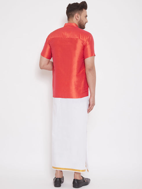 Vastramay Men's Red and White Silk Blend Shirt And Mundu Set