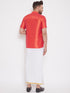 Vastramay Men's Red and White Silk Blend Shirt And Mundu Set