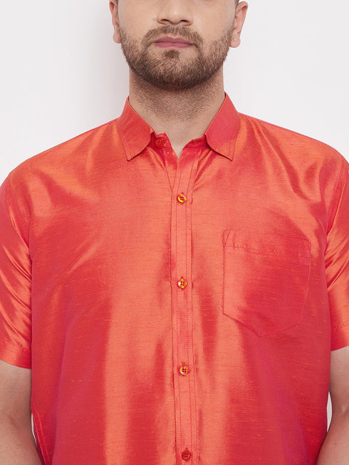 Vastramay Men's Red and White Silk Blend Shirt And Mundu Set