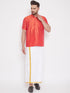 Vastramay Men's Red and White Silk Blend Shirt And Mundu Set
