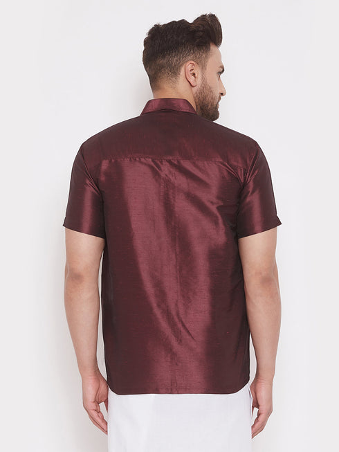 Vastramay Men's Wine Silk Blend Ethnic Shirt