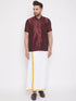Vastramay Men's Wine and White Silk Blend Shirt And Mundu Set