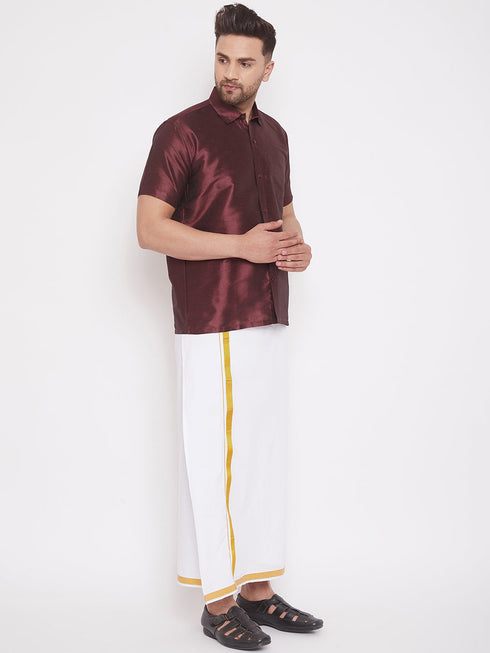 Vastramay Men's Wine and White Silk Blend Shirt And Mundu Set