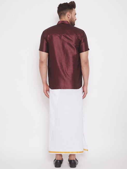 Vastramay Men's Wine and White Silk Blend Shirt And Mundu Set