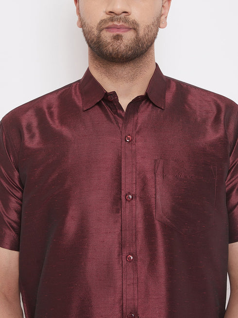 Vastramay Men's Wine and White Silk Blend Shirt And Mundu Set