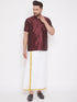 Vastramay Men's Wine and White Silk Blend Shirt And Mundu Set