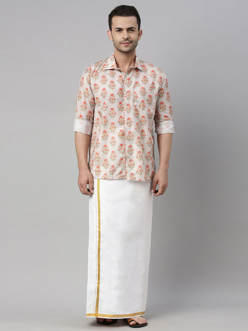 Vastramay Men's Beige Floral Print Shirt And Mundu Set