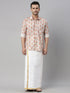 Vastramay Men's Beige Floral Print Shirt And Mundu Set