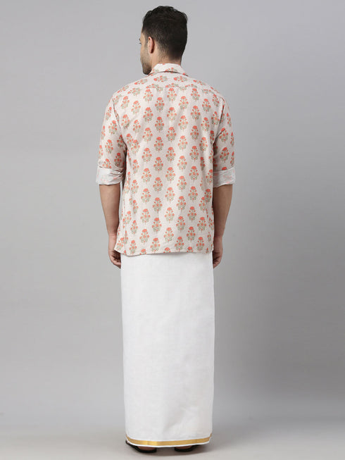 Vastramay Men's Beige Floral Print Shirt And Mundu Set