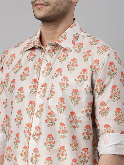 Vastramay Men's Beige Floral Print Shirt And Mundu Set