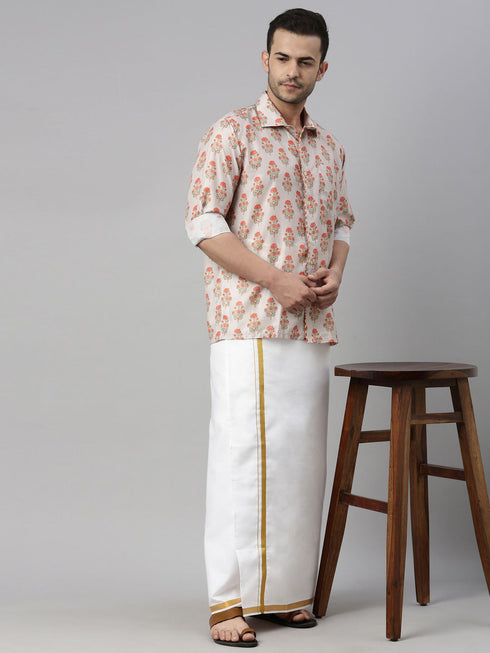 Vastramay Men's Beige Floral Print Shirt And Mundu Set