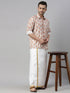 Vastramay Men's Beige Floral Print Shirt And Mundu Set