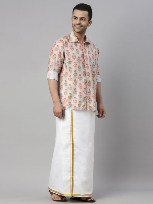 Vastramay Men's Beige Floral Print Shirt And Mundu Set