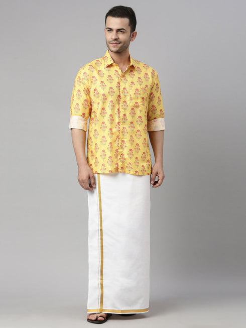 Vastramay Men's Orange Floral Print Shirt And Mundu Set