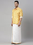 Vastramay Men's Orange Floral Print Shirt And Mundu Set