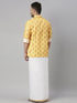 Vastramay Men's Orange Floral Print Shirt And Mundu Set