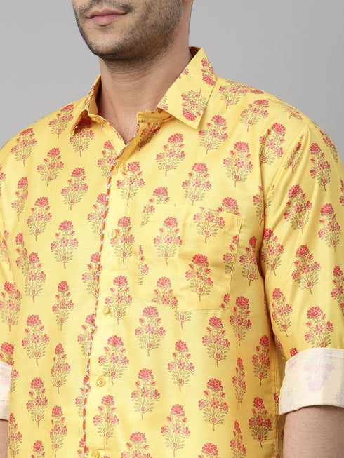 Vastramay Men's Orange Floral Print Shirt And Mundu Set