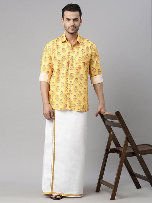 Vastramay Men's Orange Floral Print Shirt And Mundu Set