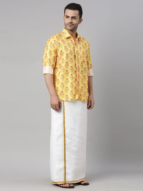 Vastramay Men's Orange Floral Print Shirt And Mundu Set