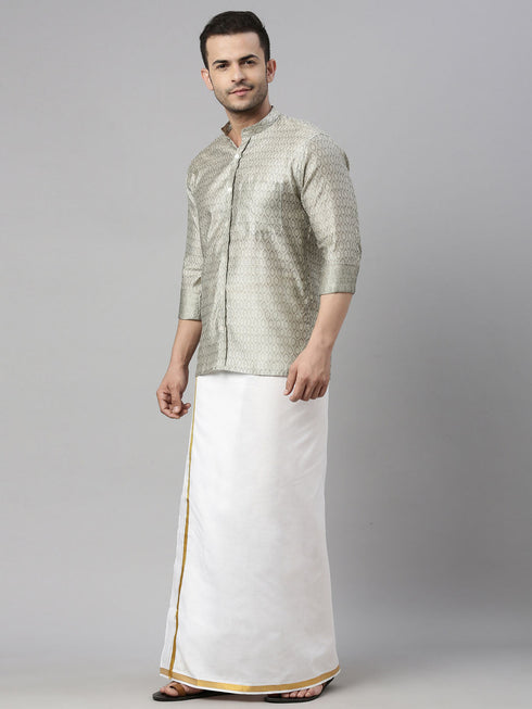 Vastramay Men's Beige Shirt And Mundu Set