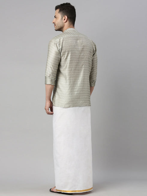 Vastramay Men's Beige Shirt And Mundu Set