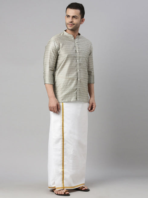 Vastramay Men's Beige Shirt And Mundu Set