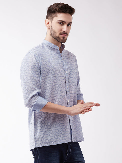 Vastramay Men's Lavender Blue Silk Blend Ethnic Shirt