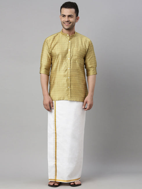 Vastramay Men's Yellow Shirt And Mundu Set