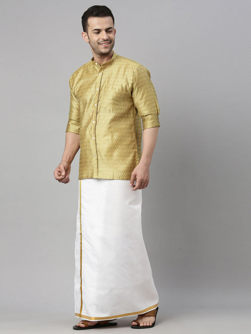 Vastramay Men's Yellow Shirt And Mundu Set