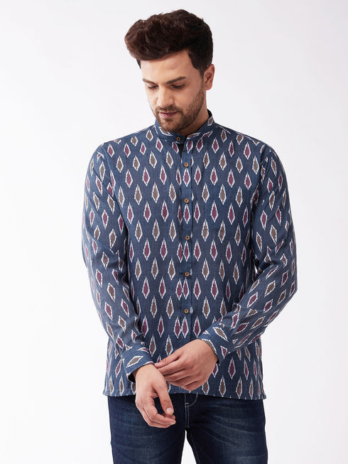 Vastramay Men's Multicolour-Base-Grey Cotton Blend Ethnic Shirt
