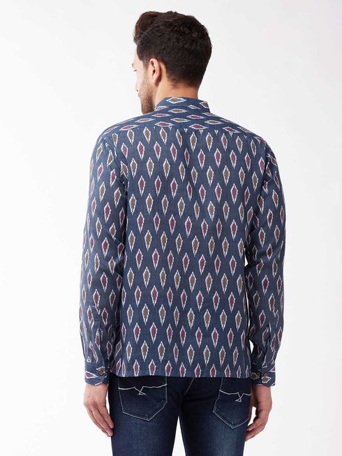 Vastramay Men's Multicolour-Base-Grey Cotton Blend Ethnic Shirt