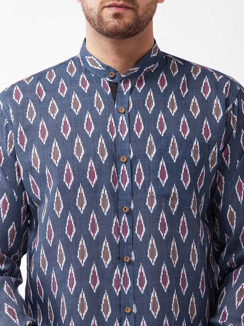 Vastramay Men's Multicolour-Base-Grey Cotton Blend Ethnic Shirt