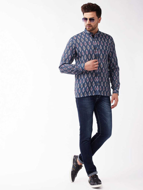 Vastramay Men's Multicolour-Base-Grey Cotton Blend Ethnic Shirt