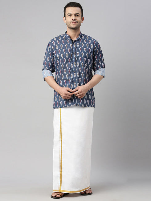 Vastramay Men's Gray Ikkat Print Shirt And Mundu Set