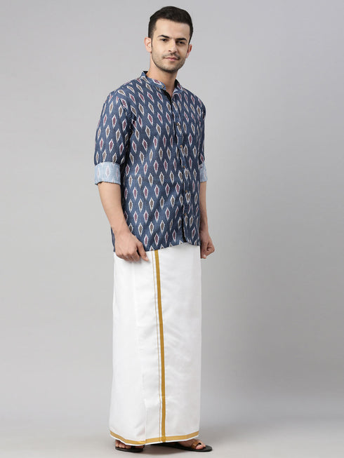 Vastramay Men's Gray Ikkat Print Shirt And Mundu Set