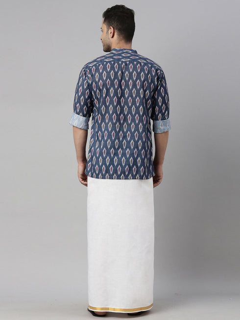 Vastramay Men's Gray Ikkat Print Shirt And Mundu Set