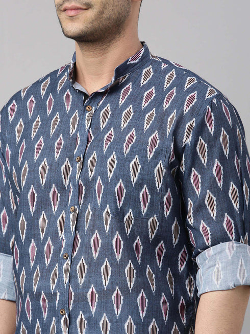 Vastramay Men's Gray Ikkat Print Shirt And Mundu Set