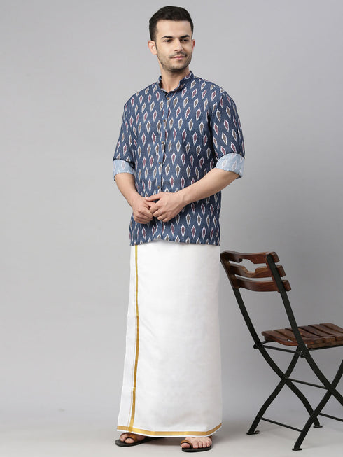 Vastramay Men's Gray Ikkat Print Shirt And Mundu Set