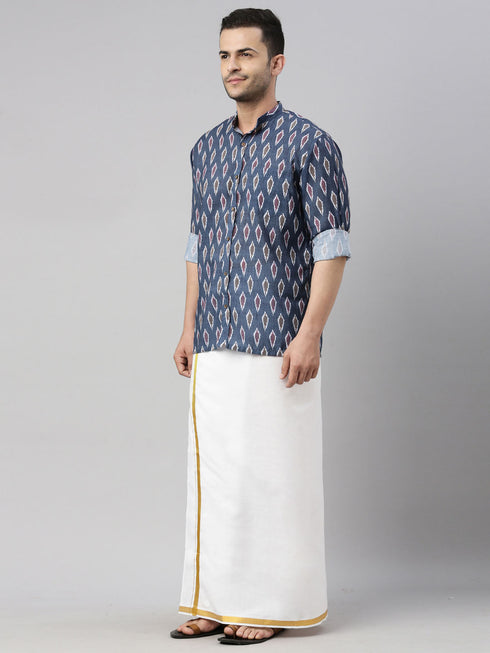 Vastramay Men's Gray Ikkat Print Shirt And Mundu Set