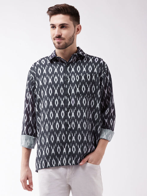 Vastramay Men's Black Cotton Blend Ethnic Shirt
