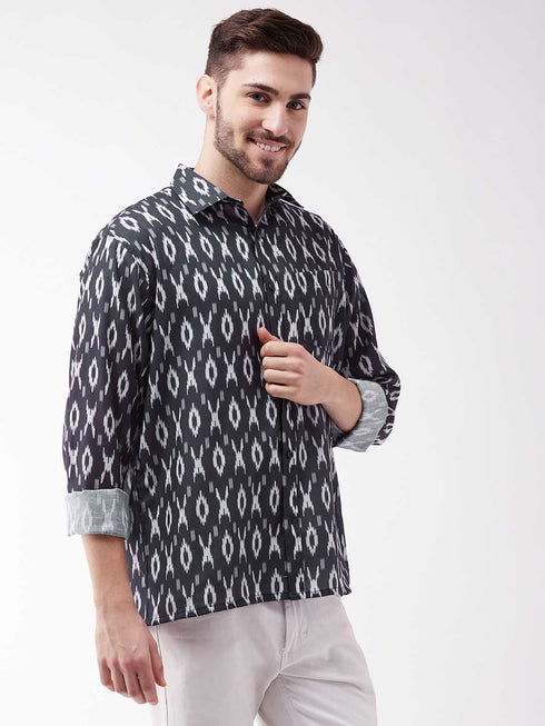 Vastramay Men's Black Cotton Blend Ethnic Shirt