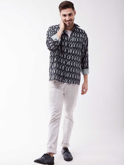 Vastramay Men's Black Cotton Blend Ethnic Shirt