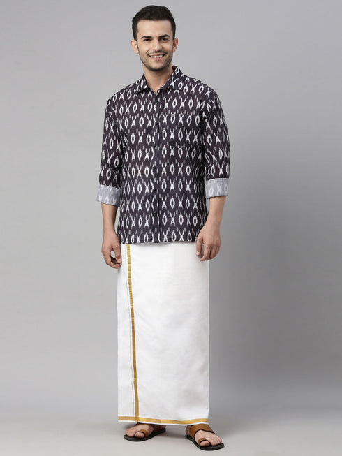 Vastramay Men's Black Ikkat Print Shirt And Mundu Set