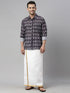 Vastramay Men's Black Ikkat Print Shirt And Mundu Set