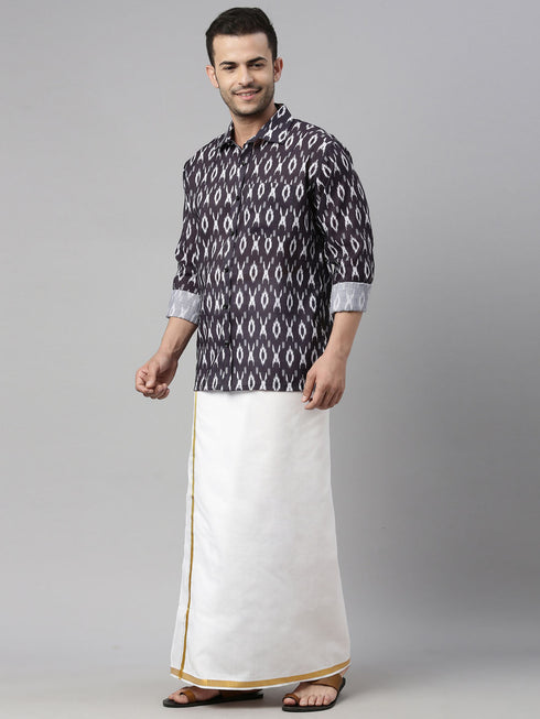 Vastramay Men's Black Ikkat Print Shirt And Mundu Set