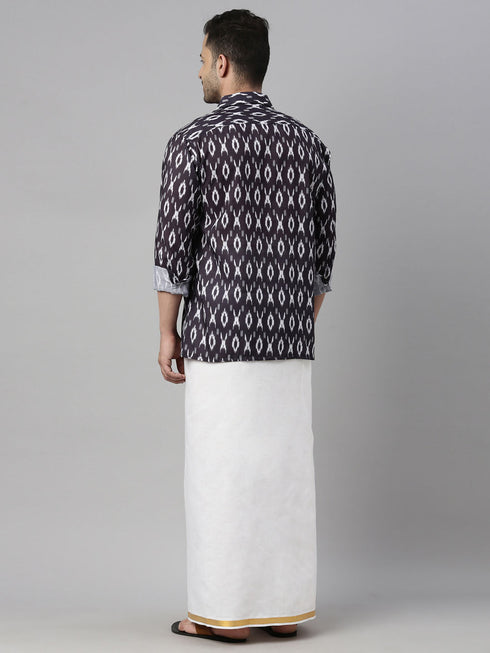 Vastramay Men's Black Ikkat Print Shirt And Mundu Set