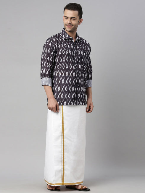 Vastramay Men's Black Ikkat Print Shirt And Mundu Set