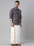 Vastramay Men's Black Ikkat Print Shirt And Mundu Set