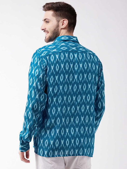 Vastramay Men's Turquoise Cotton Blend Ethnic Shirt