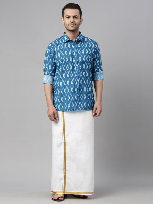 Vastramay Men's Torquoise Blue Ikkat Print Shirt And Mundu Set